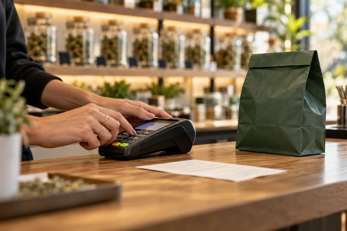 A budtender keys a card payment on a countertop terminal next to a sealed pickup bag