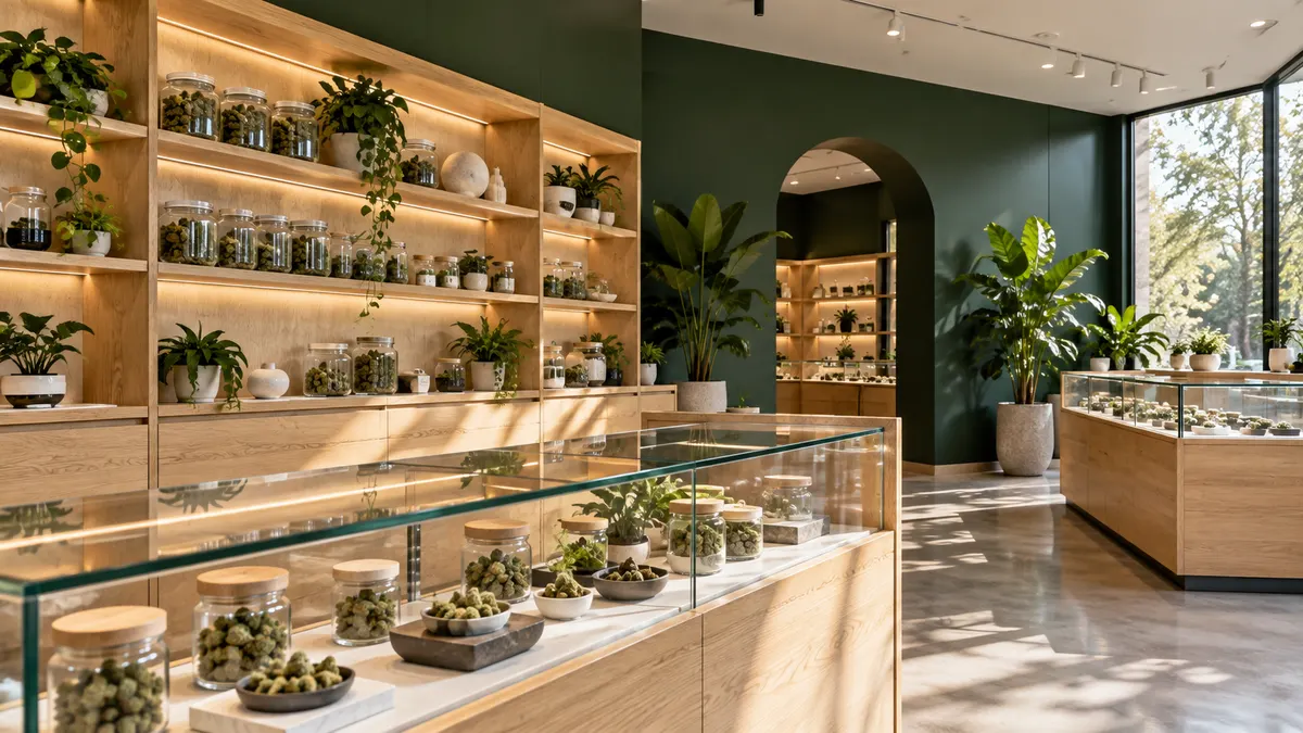 Bright dispensary interior with glass jars of cannabis flower on oak shelves