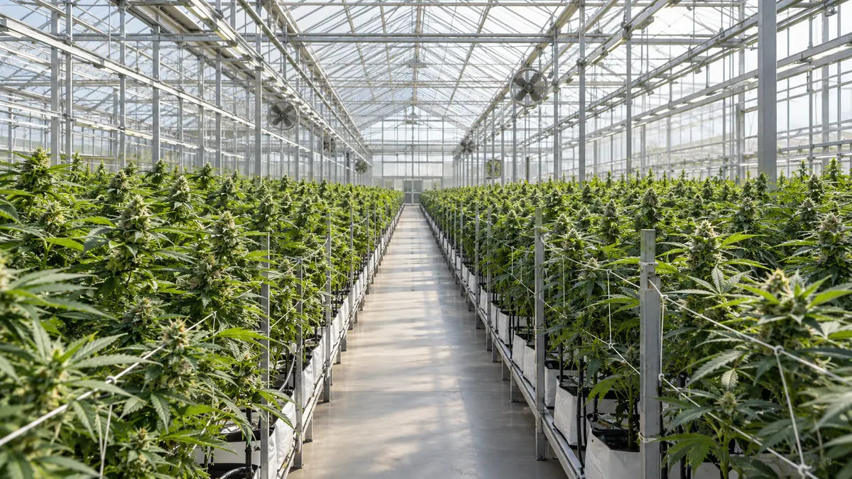 Rows of healthy cannabis plants in a bright greenhouse