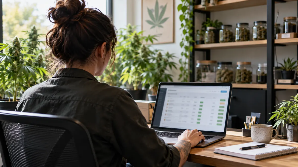 Store owner reviewing online orders on a laptop in a back office