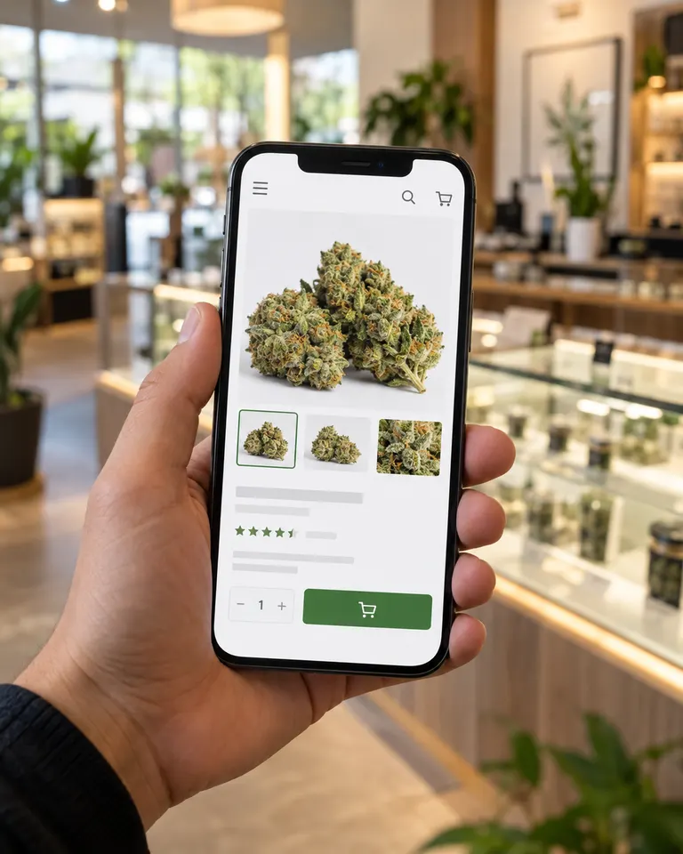 Hand holding a phone with a cannabis store product page
