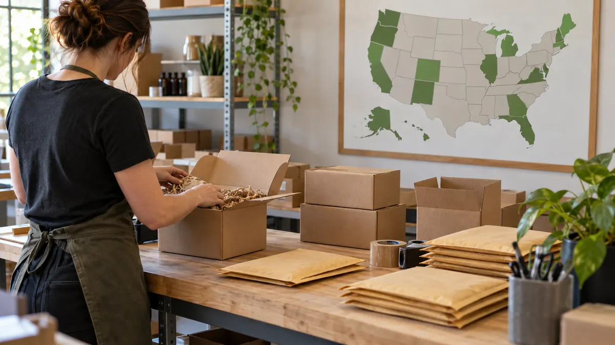Shipping boxes packed in a CBD shop back room