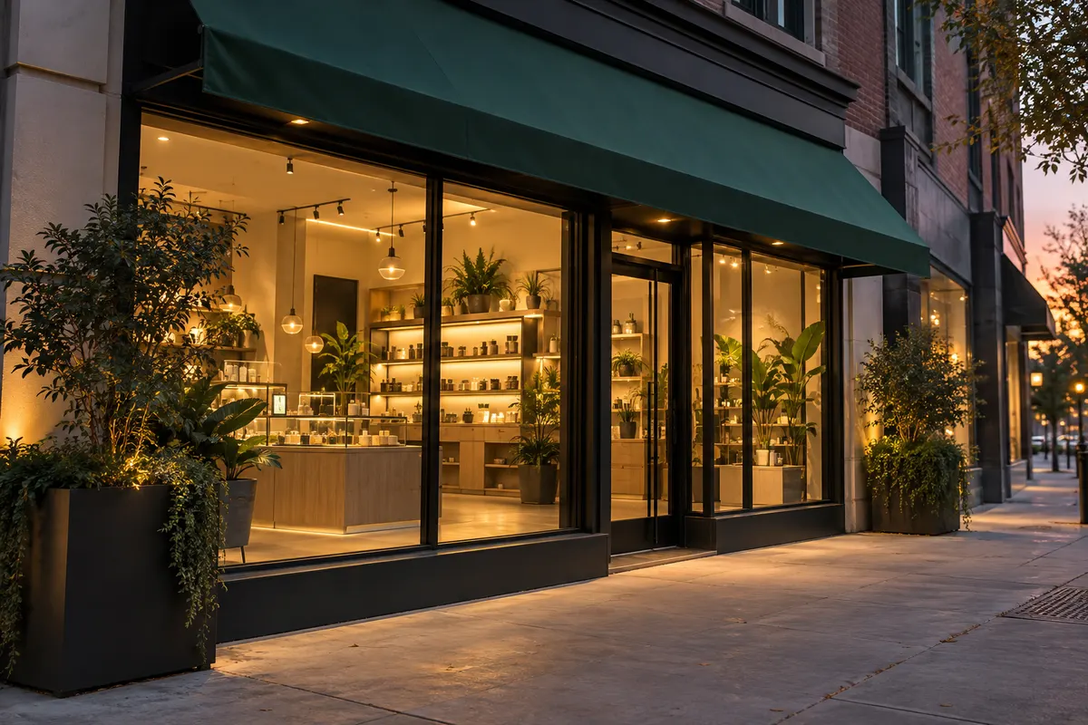 Small dispensary storefront at dusk with warm light inside